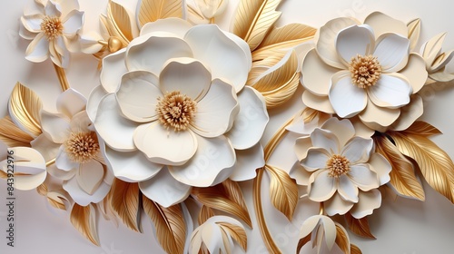 3D mural wallpaper flowers in gold and cream colors, Mural wallpaper high quality on white background