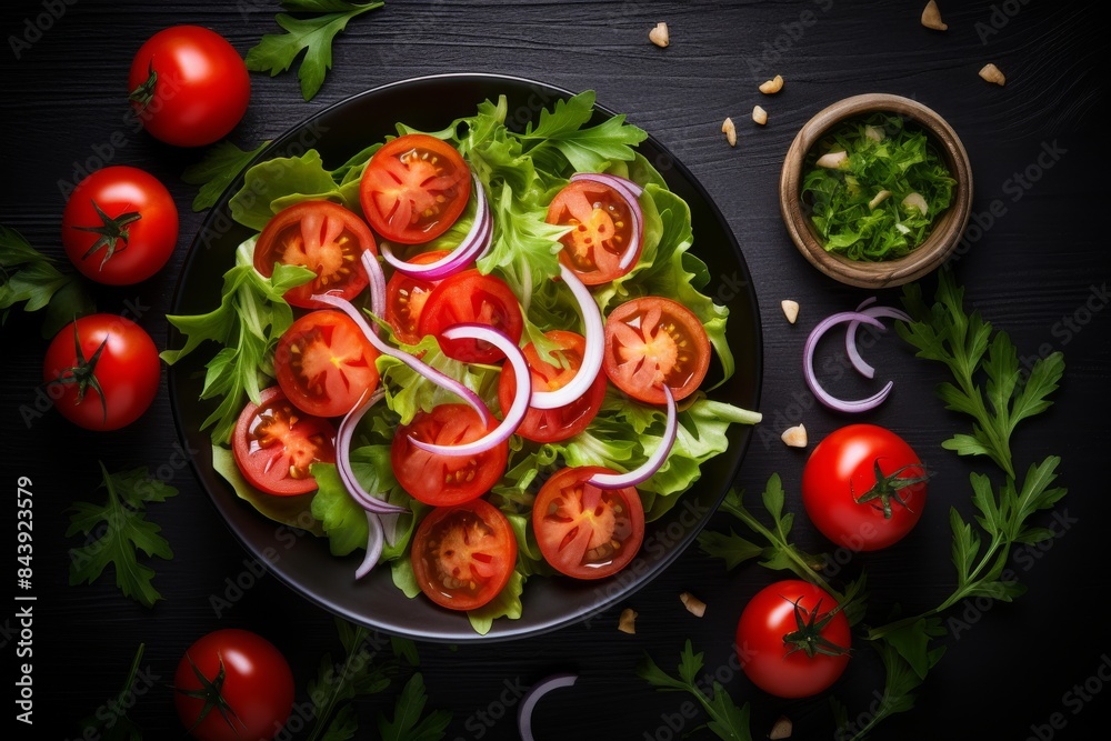 Fresh Garden Salad With Ripe Tomatoes On Dark Background. Generative AI Fresh Garden Salad With Ripe Tomatoes On Dark Background. Generative AI