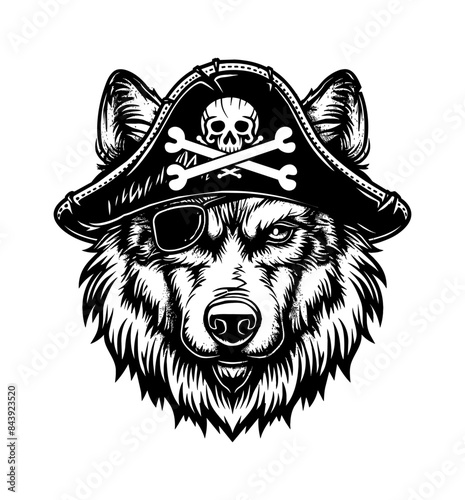 wolf, wears pirate hat engraving black and white outline