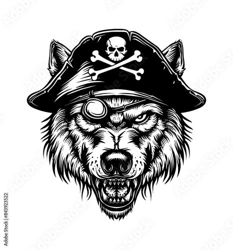 wolf, wears pirate hat engraving black and white outline