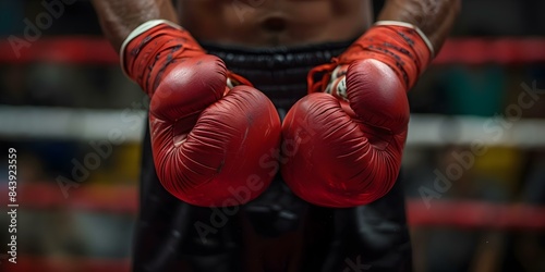 Closeup of boxers hands wrapped in red boxing wraps before training session. Concept Boxing, Closeup Shots, Sports Photography, Hand Wraps, Training Session © Anastasiia