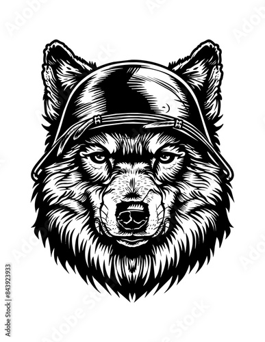 wolf, wears retro soldier helmet engraving black and white outline