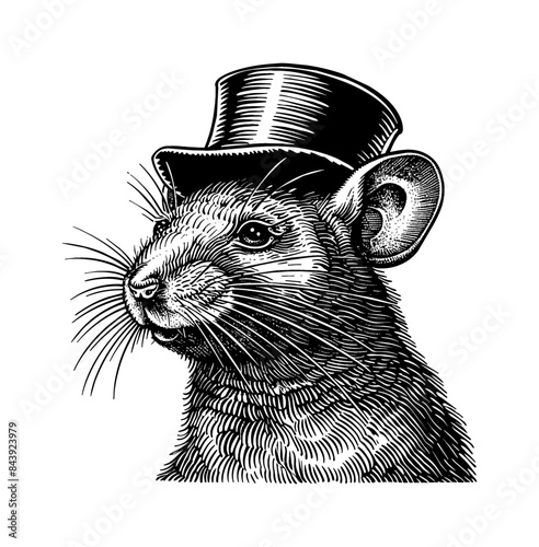 mouse, wears retro top hat engraving black and white outline