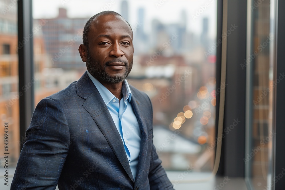 Confident African American Businessman in Stylish Suit with Cityscape Background
Confident African American Businessman in Stylish Suit with Cityscape Background