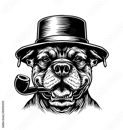 pitbull, wears retro top hat and smoking with pipe engraving black and white outline