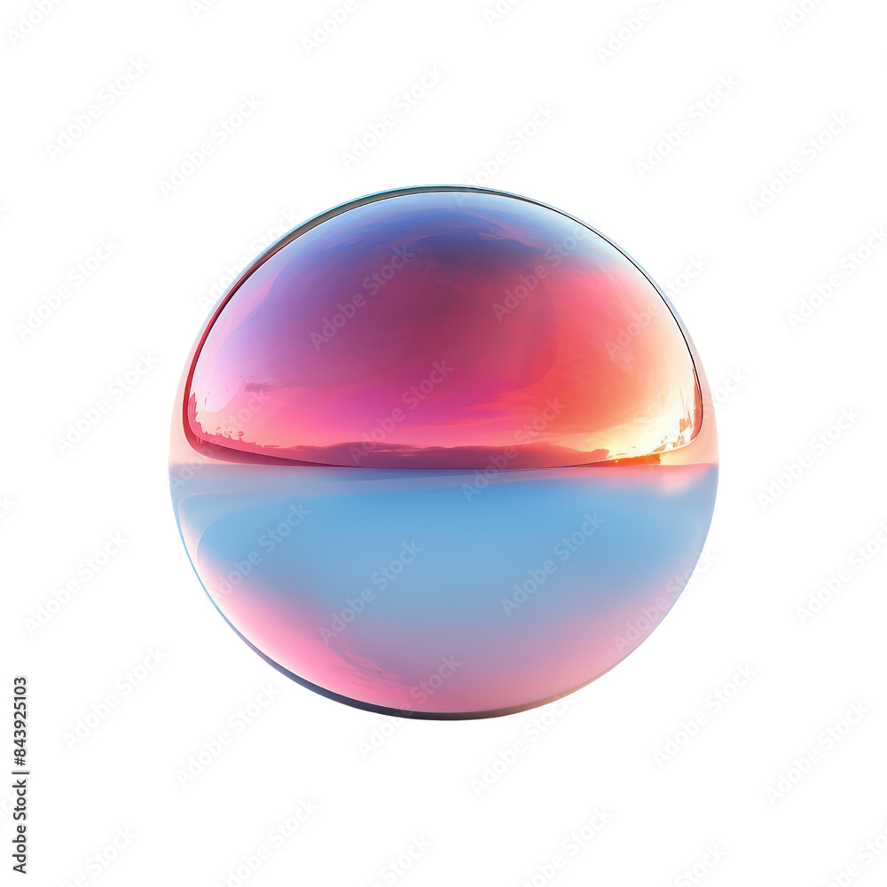 A luminous, reflective sphere with vibrant, gradient colors resembling a sunset, placed on a white background for modern, abstract decor. A luminous, reflective sphere with vibrant, gradient colors resembling a sunset, placed on a white background for modern, abstract decor.
