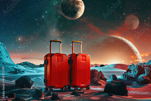 Red suitcases sitting on a barren alien landscape against a dramatic extraterrestrial sky with planets, suggesting space travel and adventure photo