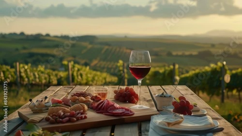 Table with variety of food and glass of red wine