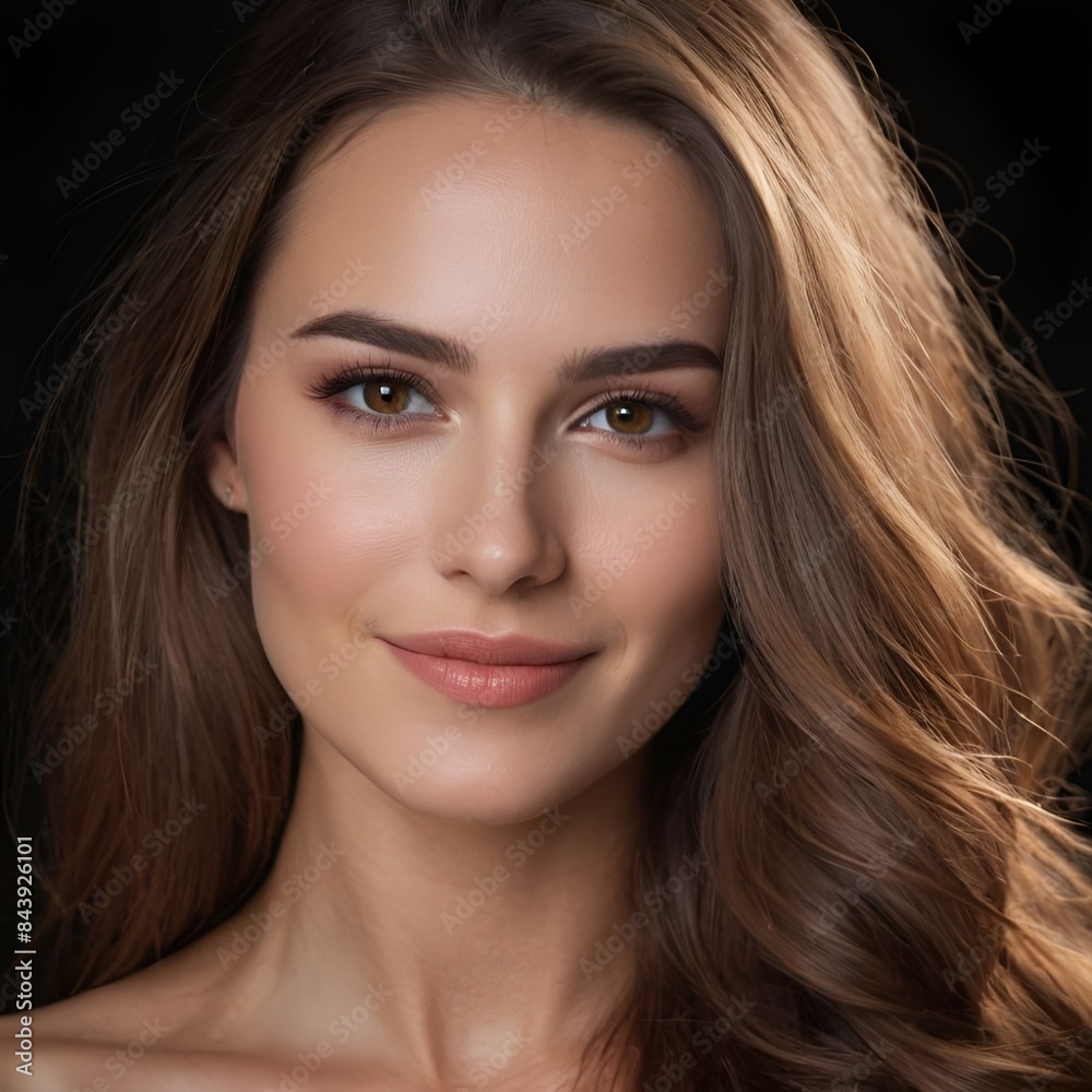 Pretty european beauty woman long hair with makeup glowing face and healthy facial skin portrait smile on isolated dark background Pretty european beauty woman long hair with makeup glowing face and healthy facial skin portrait smile on isolated dark background