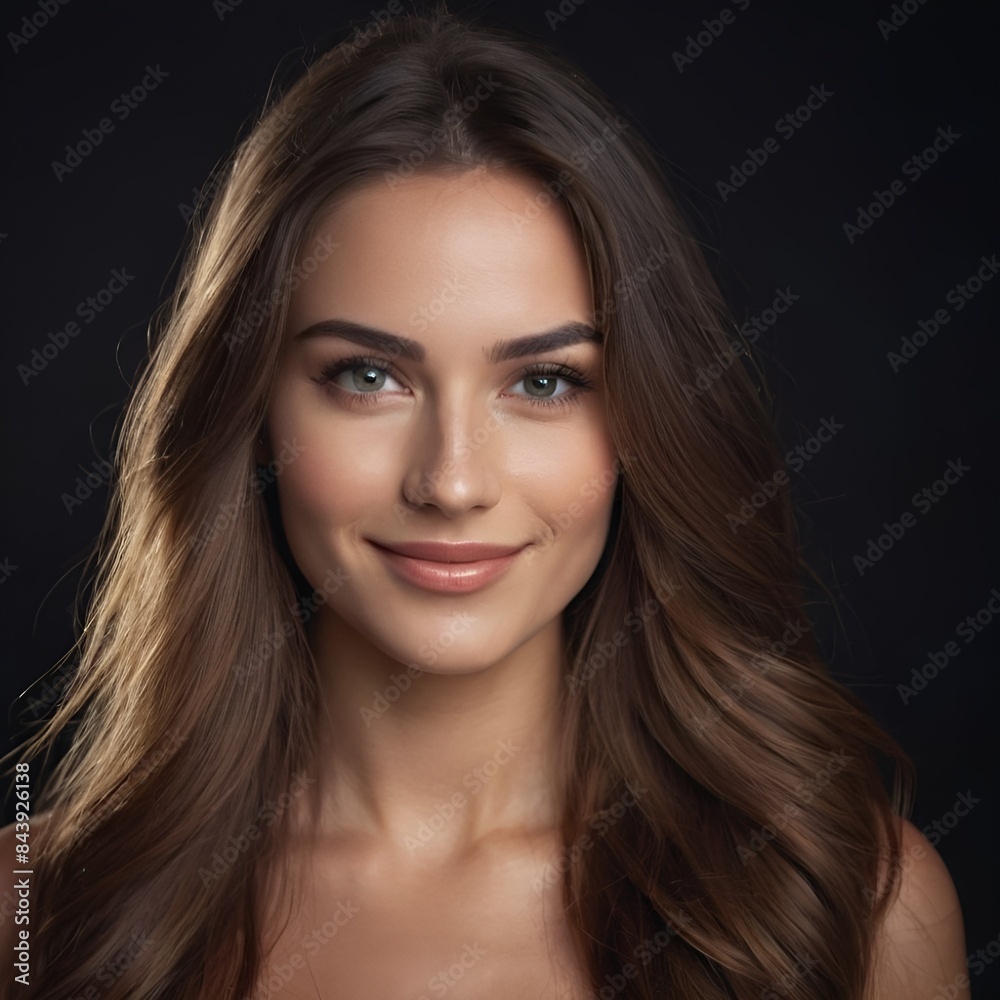 Pretty european beauty woman long hair with makeup glowing face and healthy facial skin portrait smile on isolated dark background Pretty european beauty woman long hair with makeup glowing face and healthy facial skin portrait smile on isolated dark background