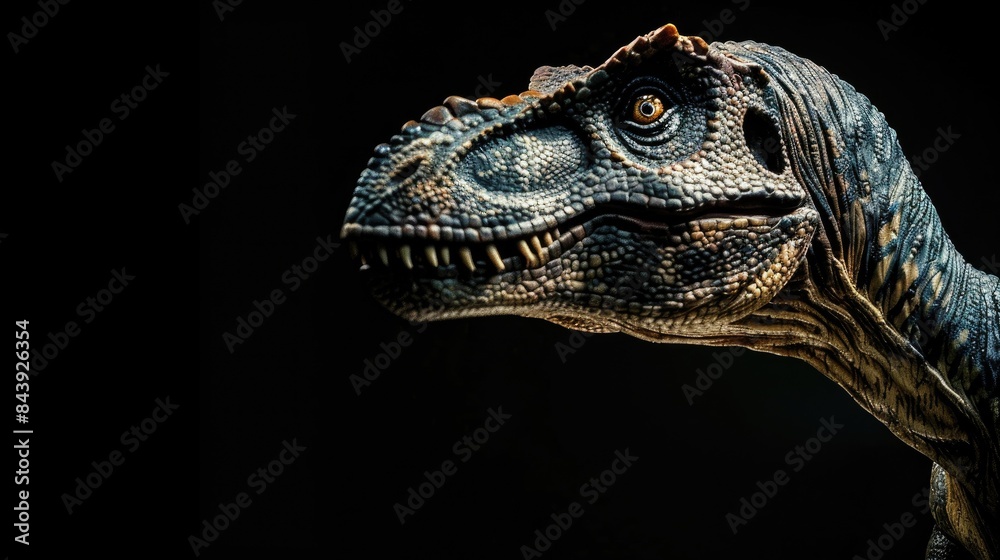 Fototapeta premium A dinosaur standing alone against a black backdrop with room for text Moody photographic style