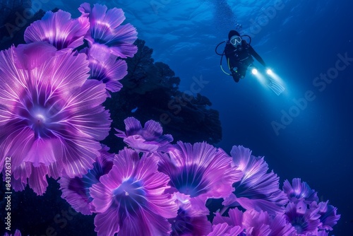 Underwater Diver Exploring Purple Sea Fans photo