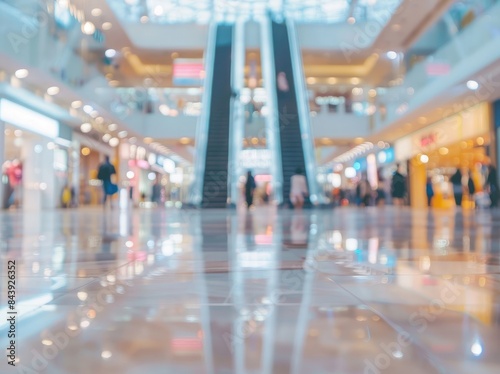 Blurred background of a modern shopping mall interior with an entrance and stairs  people walking in the center  view from outside looking inside. Minimalistic stock photo with studio lighting.