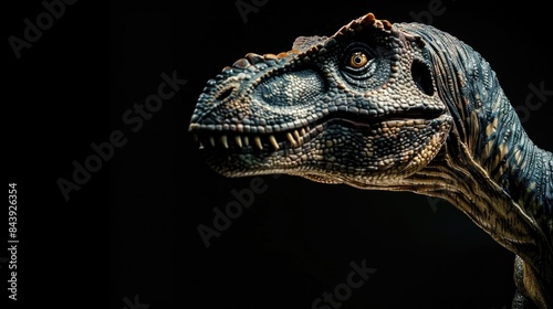 A dinosaur standing alone against a black backdrop with room for text Moody photographic style photo