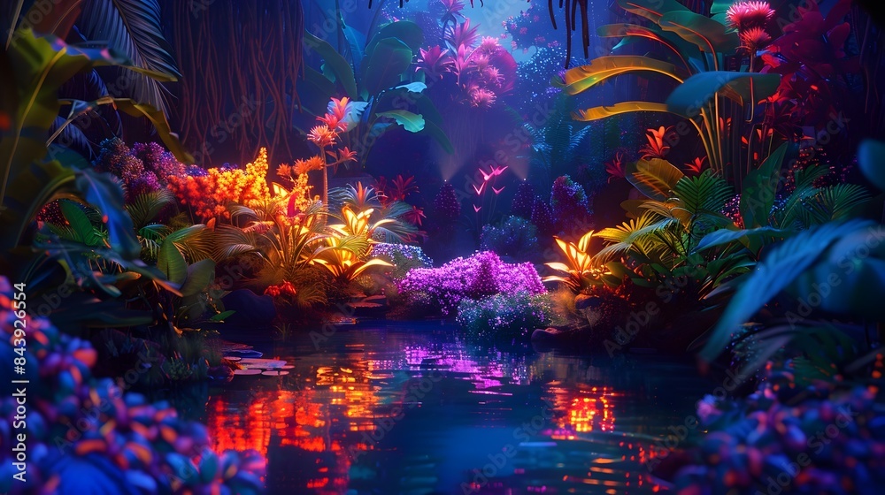 Captivating Digital Neon Jungle Clearing with Vibrant Glowing Flora and Interplay of Light and Shadow