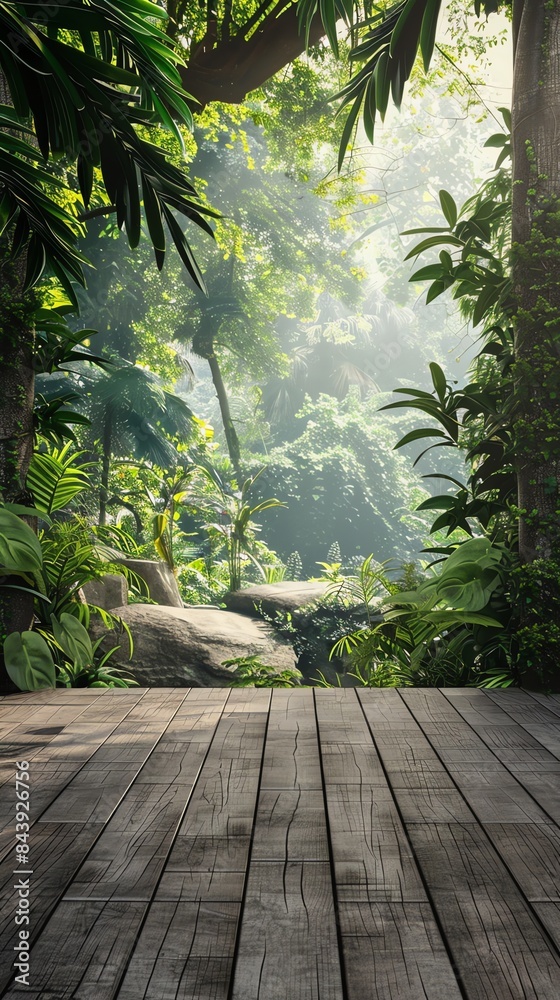Serene Tropical Forest View from Wooden Platform Serene Tropical Forest View from Wooden Platform