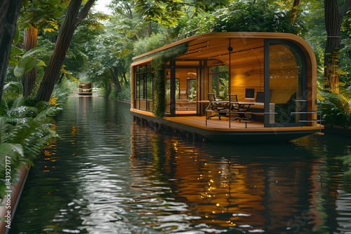 Floating Wooden Cabin Nestled in Lush Forest Landscape with Tranquil River Reflection