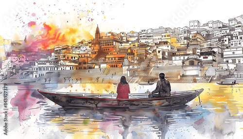 Sketch of a couple enjoying a romantic boat ride on the serene waters of the Ganges River in Varanas Generative AI photo