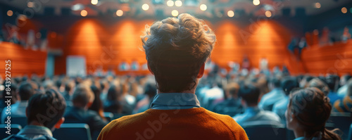 A man sitting in a crowded auditorium, attentively watching a presentation or performance on stage with warm lighting and a blurred background. © Thanaphon