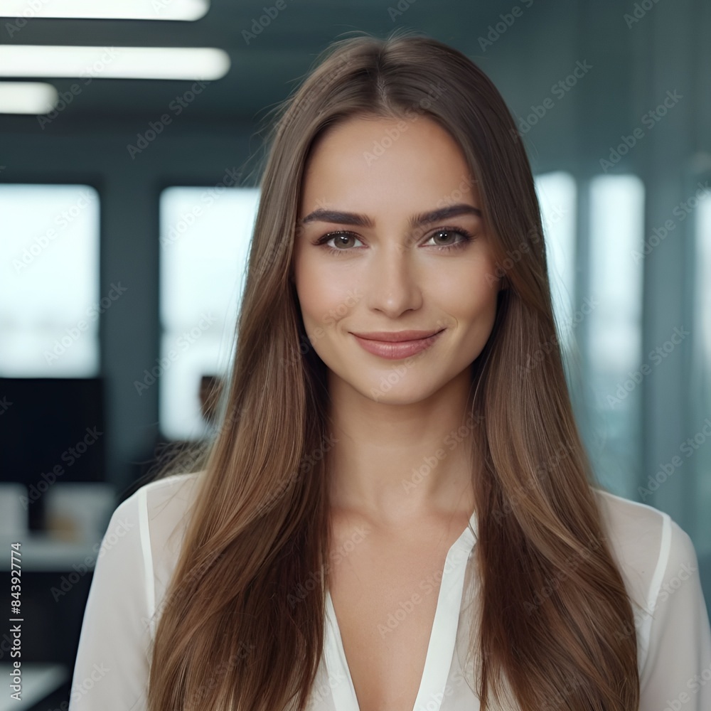 Pretty european beauty woman long hair with makeup glowing face and healthy facial skin portrait smile on isolated office background Pretty european beauty woman long hair with makeup glowing face and healthy facial skin portrait smile on isolated office background