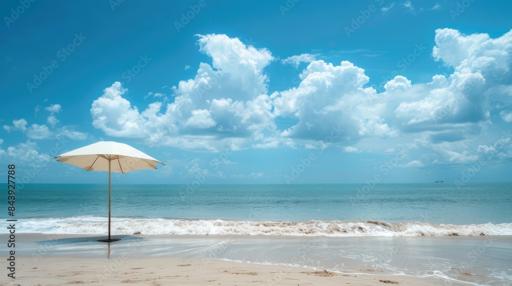 Beautiful blue sky background over the ocean beach with an umbrella representing a concept of travel and vacation Beautiful blue sky background over the ocean beach with an umbrella representing a concept of travel and vacation