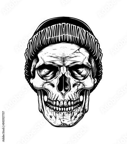 skull, wears beanie hat engraving black and white outline