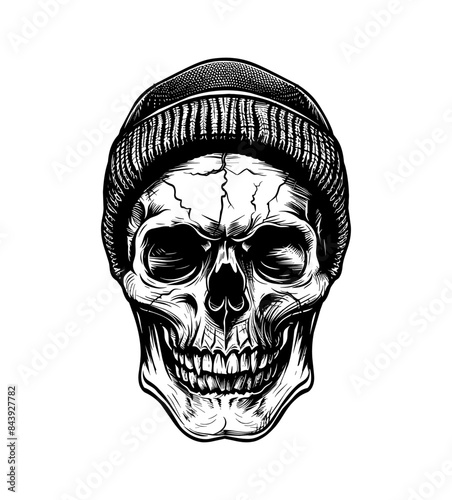 skull, wears beanie hat engraving black and white outline