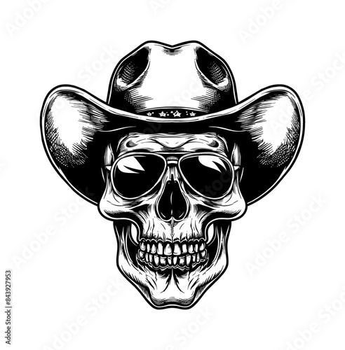 skull, wears cowboy hat and sunglasses engraving black and white outline