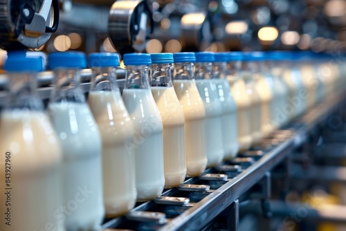Close-up of a milk production line with glass bottles filled with fresh milk, illustrating modern dairy processing in a factory setting.