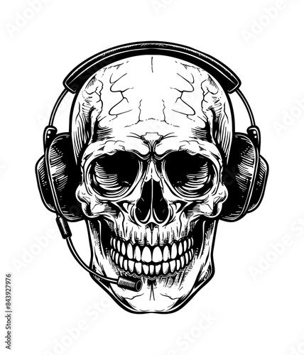 skull, wears headset engraving black and white outline