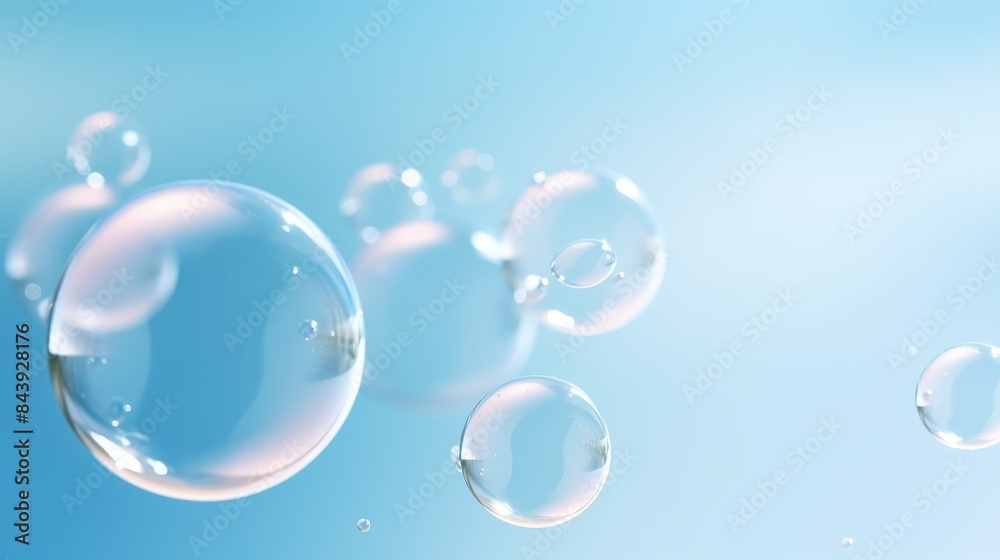 Crystal clear bubbles floating in the air against a serene blue background, creating a sense of tranquility and lightness.