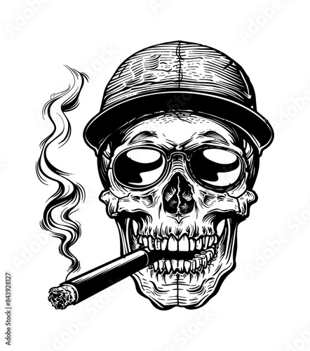 skull, wears retro hat and smoking cigar engraving black and white outline