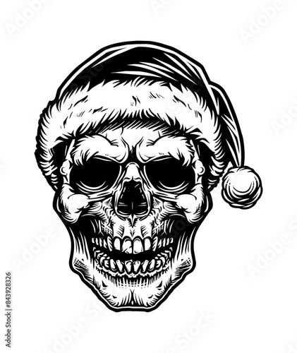skull, wears santa hat engraving black and white outline