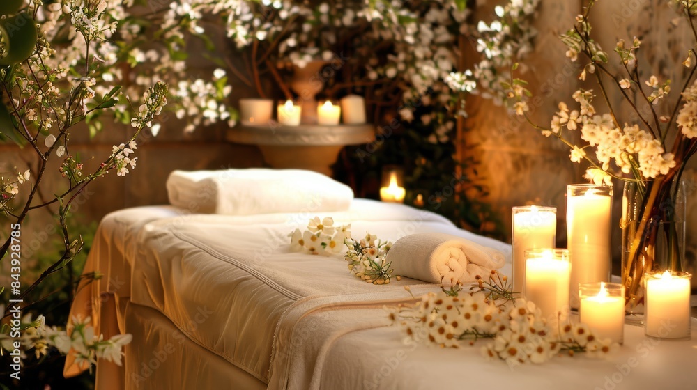 Luxurious spa treatment setting with a massage table, candles, and flowers, creating a serene and relaxing atmosphere perfect for unwinding. Luxurious spa treatment setting with a massage table, candles, and flowers, creating a serene and relaxing atmosphere perfect for unwinding.