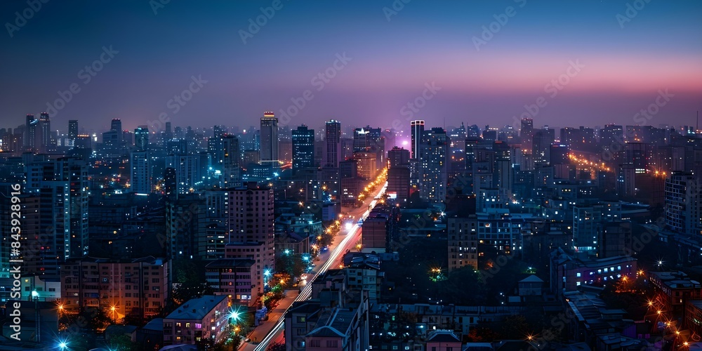 Night cityscape view from rooftop with ambient street lights illuminating urban skyline. Concept Cityscape Photography, Nighttime Views, Urban Skylines, Rooftop Perspectives, Street Light Ambiance