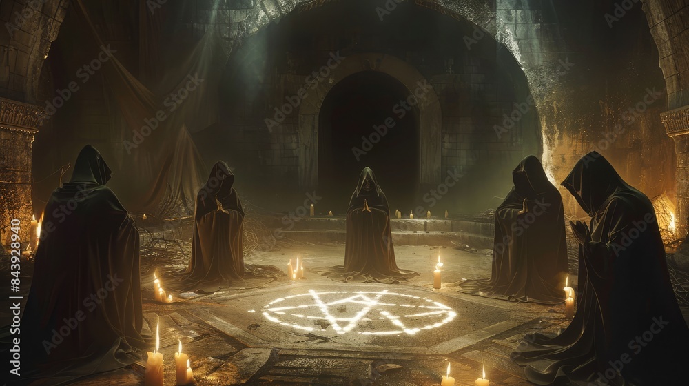 Mysterious cloaked figures in a dark room performing a ritual around a ...