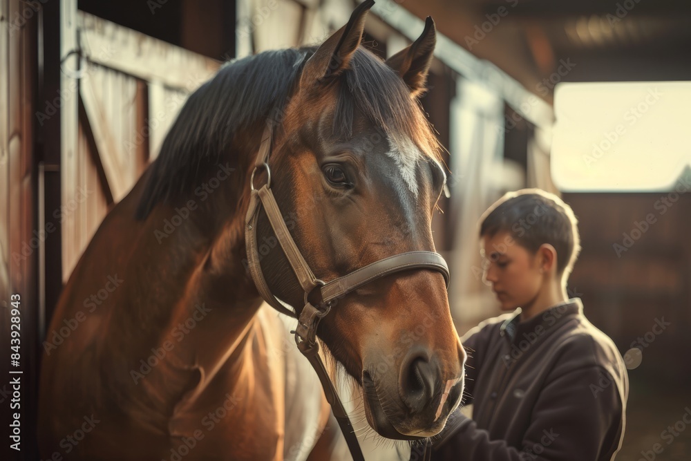 Fototapeta premium Person bonding with beautiful brown horse in stable. Warm sunlight highlights the peaceful connection in rustic setting.