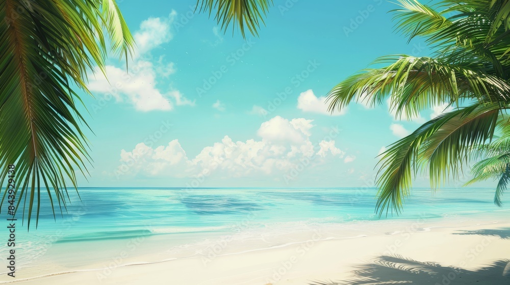 Serene tropical beach with clear blue water, white sand, and palm trees under a bright sky. Perfect for vacation and relaxation themes.