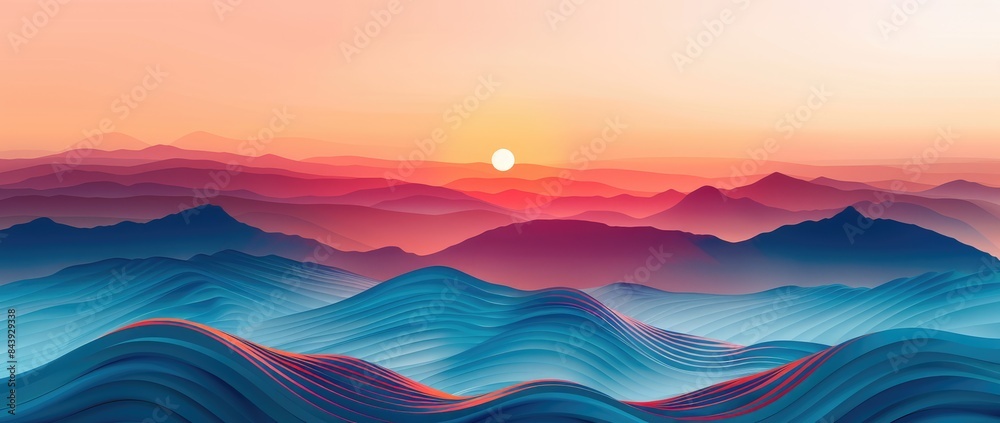 Abstract sunrise over the mountains, with colorful wavy lines on a textured background Abstract sunrise over the mountains, with colorful wavy lines on a textured background