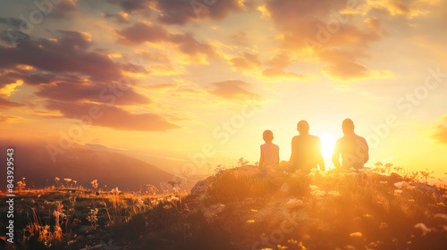 Family sitting on a ridge watching the sunset, warm hues filling the sky, upper third copy space