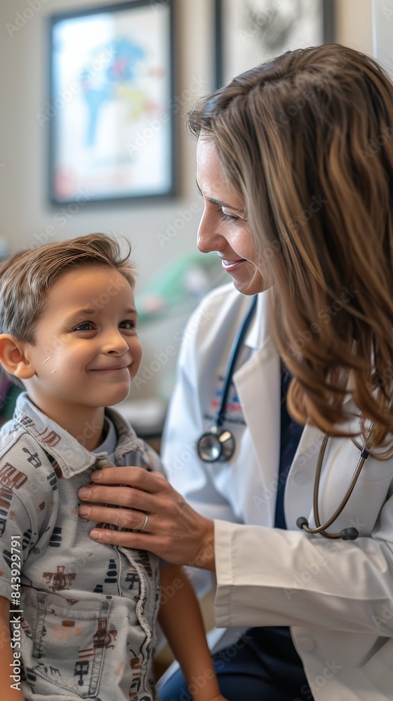 Female pediatrician having a friendly check-up with a young boy in a medical clinic. Doctor and child smiling during the health examination. Female pediatrician having a friendly check-up with a young boy in a medical clinic. Doctor and child smiling during the health examination.