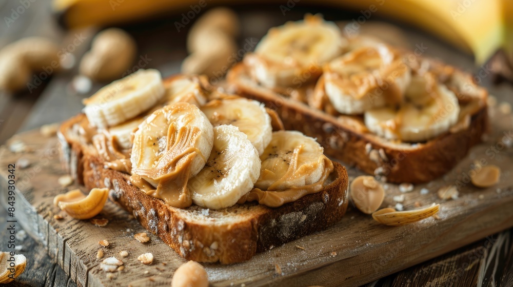 Banana slices over peanut butter toast on a wooden surface Banana slices over peanut butter toast on a wooden surface