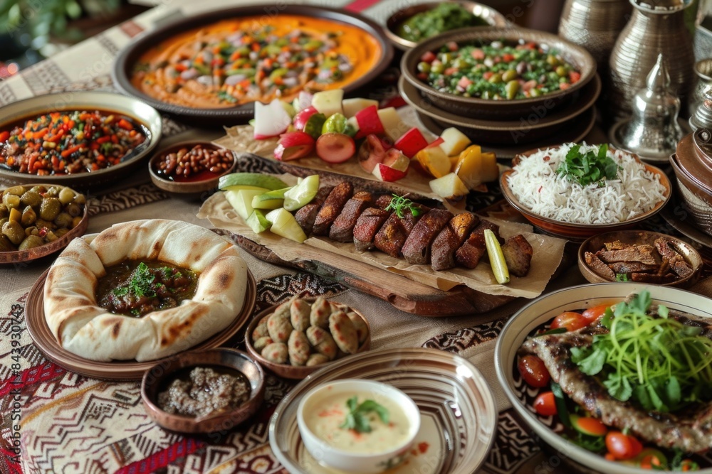 Many different foods on a table with different dishes, arabic traditional meal Many different foods on a table with different dishes, arabic traditional meal