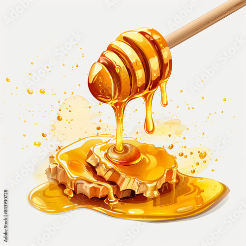 Honey drips from a wooden ladle. Delicious honey.