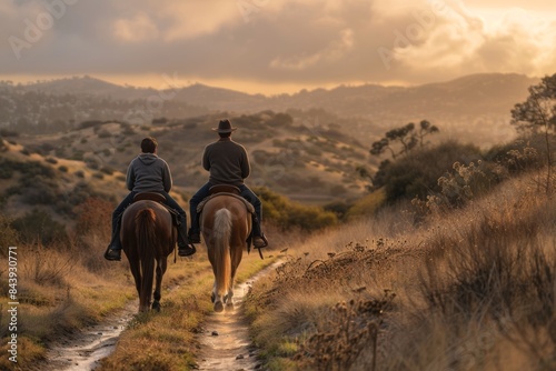 Father and Son Horseback Riding at Sunset