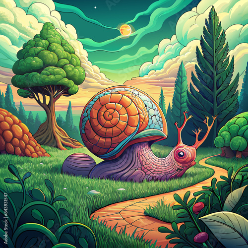 A painting of one snails in a forest with a forest in the background.
