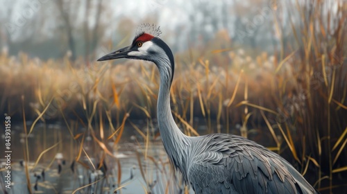 Crane with a grey crown within a wetland photo