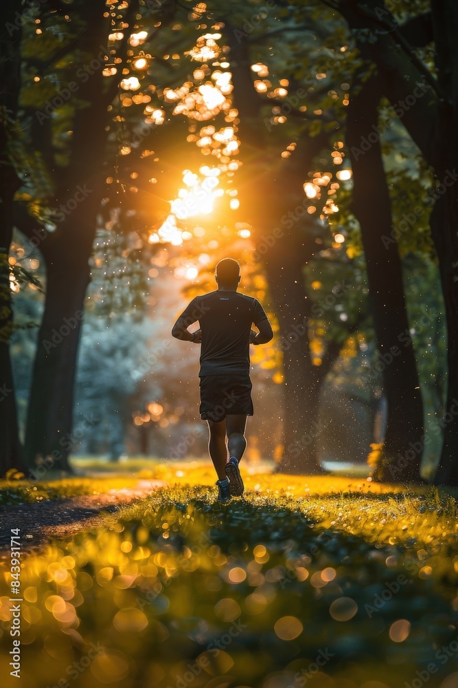 Obraz premium Man jogging in a park at sunrise, surrounded by trees and greenery, bathed in warm sunlight creating a serene and peaceful atmosphere.
