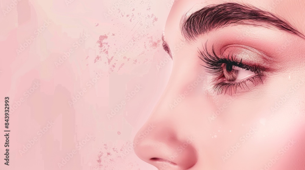 beautiful woman eye close up, pink background with white sparkles effect and copy space for text, long eyelashes, beauty concept beautiful woman eye close up, pink background with white sparkles effect and copy space for text, long eyelashes, beauty concept
