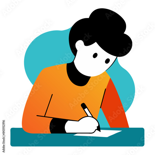 person concentrating on writing at a desk.